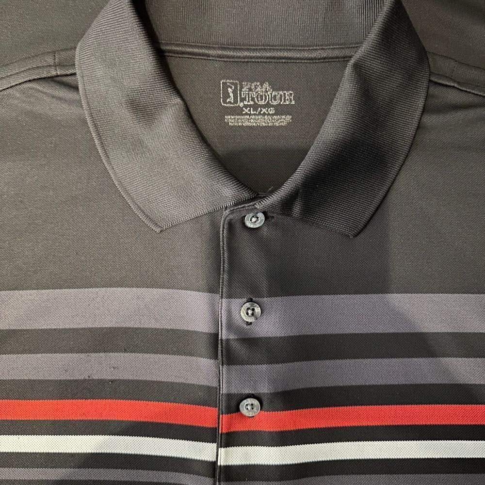 PGA Tour Stylish Black XL Polo Shirt Comfortable Casual Gray Red stripes Golf